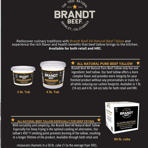 100% 64 oz (4 lb) Brandt Beef Tallow Pure Beef Tallow for Cooking | Tub Beef Tallow for Deep Frying | High Smoke Point