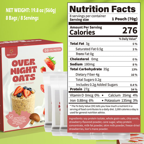 27g (8 Pack) DIET COOKER Mushroom Overnight Oats, of Protein & Strawberry Flavor, High Protein High Fiber Low Fodmap