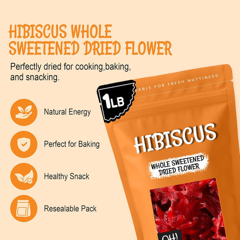 1 lb Packed Oh! Nuts Dried Hibiscus Flowers - - Dried Fruit - Whole Sweetened Dried Flowers - Dehydrated Fruit Bites
