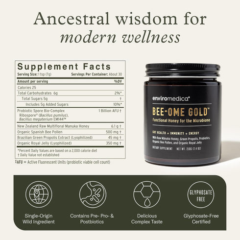 7.4oz Bee-Ome Gold by Enviromedica - Unpasteurized Raw Manuka Honey with Probiotics, Royal Jelly, Bee Pollen