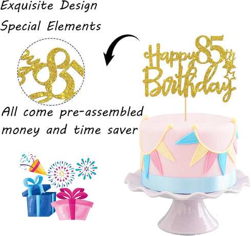 Gold Glitter Happy 85th Birthday Cake Topper - 85 Sign Cake Topper - Cheers to 85 Years Party Supplies Decoration
