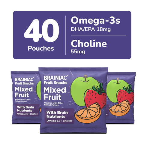 BrainPack Omega-3s 40 count Brainiac Fruit Snacks, Brain Boosting Patented Ingredients with DHA/EPA and Choline