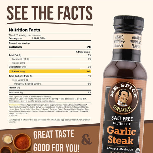 13.5 (Pack 1) Mr. Spice Organic Garlic Steak Sauce, Salt Free Steak Sauce and Marinade, Gluten Free, Low Sodium Sauces