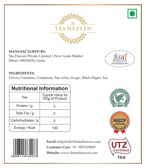 The Tea Heaven Masala Chai Tea Indian Loose Leaf Chai Tea with Whole Spices, 150 Grams (5.2 oz)