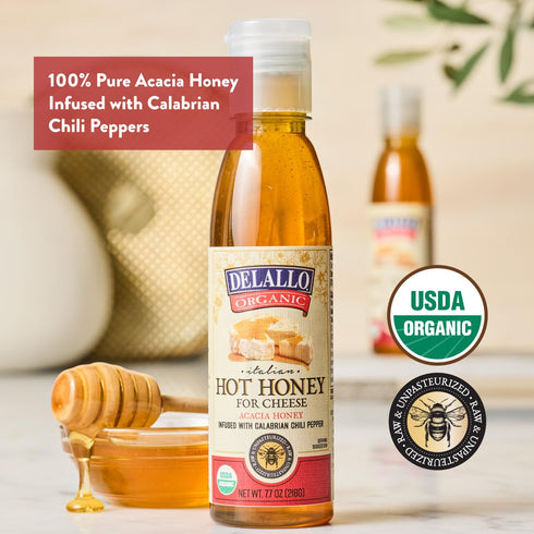 100% 7.7 oz (4 Pack) DeLallo Hot Honey, Made with Organic Acacia Honey and Red Pepper, Sweet and Spicy Gourmet