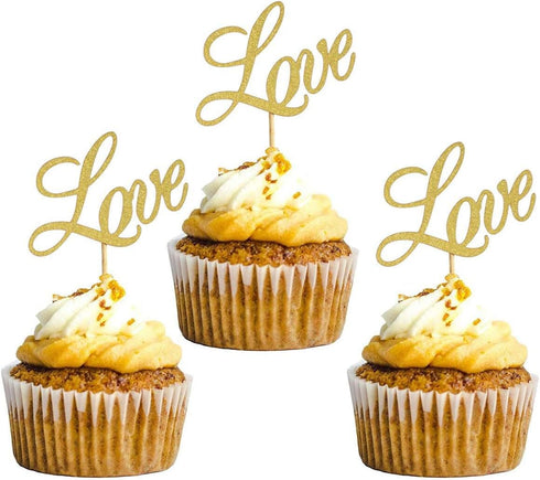 Hongkai 24PCS Gold Glitter Love Cake Topper - Cupcake Picks for Wedding, Bridal Shower, Engagement Party Decorations