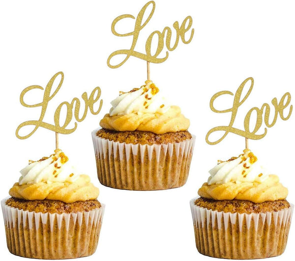 Hongkai 24PCS Gold Glitter Love Cake Topper - Cupcake Picks for Wedding, Bridal Shower, Engagement Party Decorations