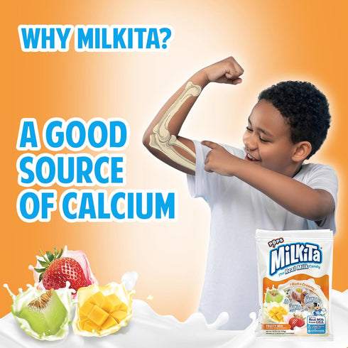 Milkita The Real Milk Lollipop Bag - Gluten Free Chewy Candies with Calcium, 10 Pcs (Strawberry, Honeydew, Mango)