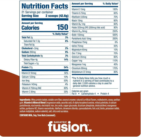 21 Bariatric Fusion Meal Replacement Protein Serving Tub Chocolate Peanut Butter for Bariatric Surgery Patients