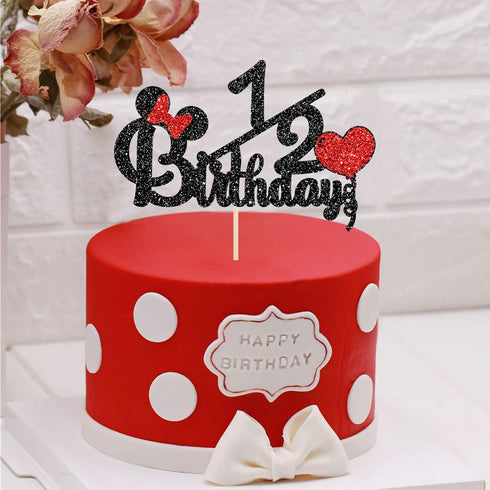 Happy 1/2 Birthday Cake Topper - Black and Red Glitter Mouse Theme Baby Shower Sign for 6 Months Birthday Party