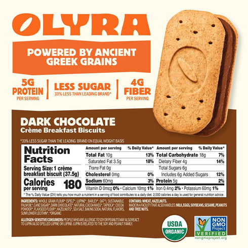 Pack 4 Olyra Creme Breakfast Biscuits - Dark Chocolate - Healthy Snacks for Kids and Adults, Low Sugar, High Fiber