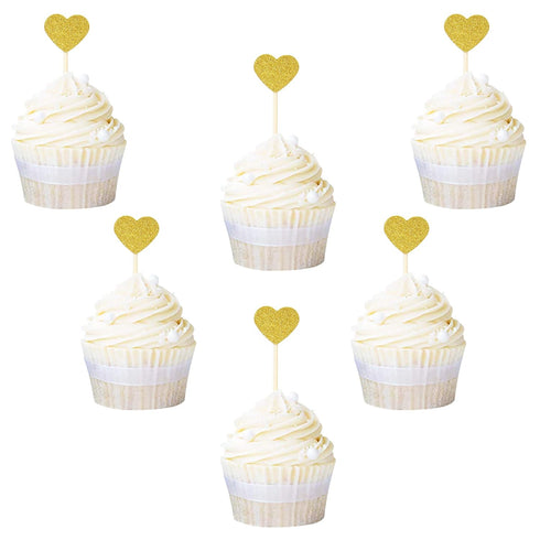 Ercadio Gold Glitter Heart Cupcake Toppers, Sweet Love Theme Cupcake Picks, 40 PCS