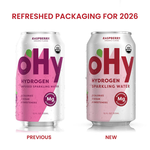 12 Pack (12oz oHy Hydrogen Sparkling Water Magnesium & Antioxidant Hydration, Zero Sugar, Zero Calories, Raspberry