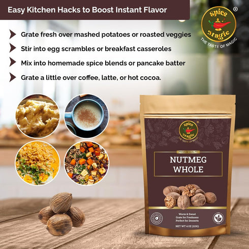 4oz (113G) 100% Spice Magic Nutmeg Whole | Gluten Free, Vegan and Non-GMO, Natural I Perfect for Coffee, Tea, Hot