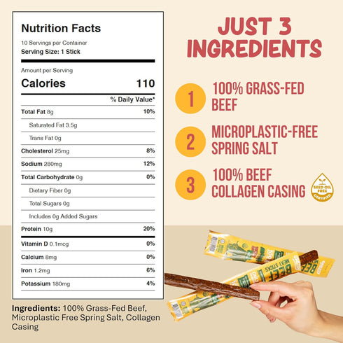 10g (1 oz, 10 Pack) Grazly Grass-Fed Beef Sticks Made with Only Beef, Spring Salt & Collagen Casing Clean, High-Protein