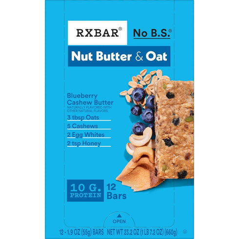 23.2oz (12 Count) RXBAR Nut Butter and Oat Protein Bars, Protein Snacks, Snack Bars, Blueberry Cashew Butter, Box