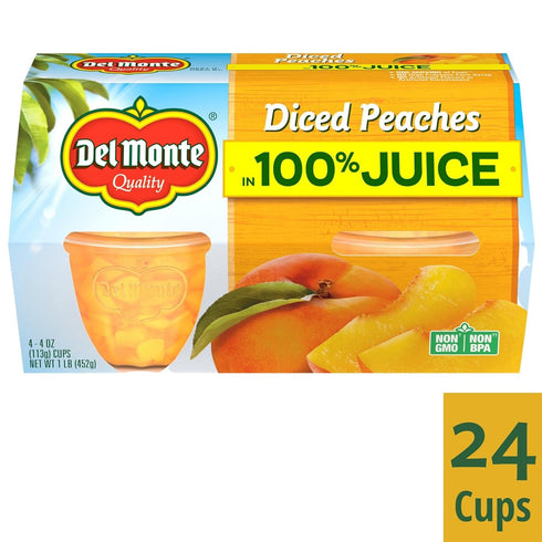 100% 24 Pack, 4 oz DEL MONTE Diced Peaches FRUIT CUP Snacks in Fruit Juice, Cup