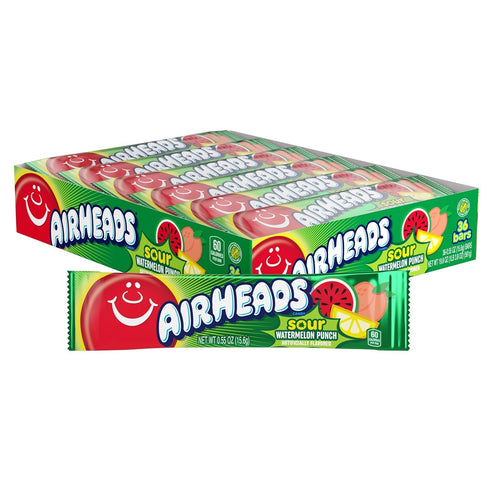 Airheads Sour Full-Size Candy Bars, Taffy, Sour Watermelon Punch, Individually Wrapped Candy,