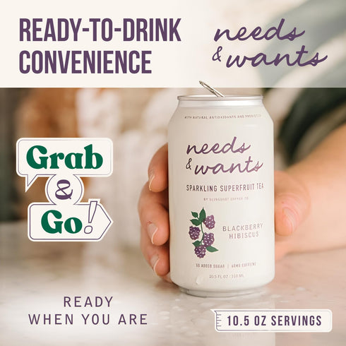 10.5oz (12 Pack) Needs & Wants Sparkling Tea - Blackberry Hibiscus, Cans | Organic Superfruit Tea with Cascara