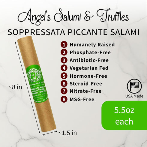 5.5oz Angel's Salumi Soppressata Piccante Gourmet Artisanal Charcuterie Humanely Raised, Vegetarian Fed, No Added