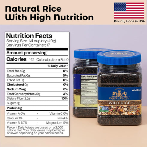24 oz (1.5Lb) Golden Crown Premium High Protein Wild Rice, Naturally Aged Gluten + GMO Free Vegan, Tasty and Delicious