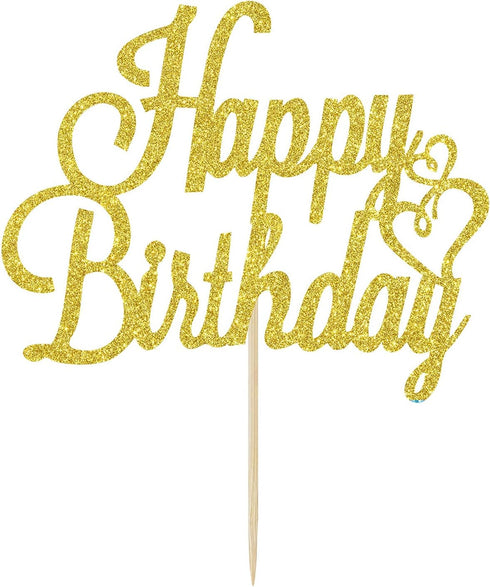 Gold Glitter Happy Birthday Cake Topper, Celebrating Birthday Anniversary Party Decorations Supplies for Women, Men,