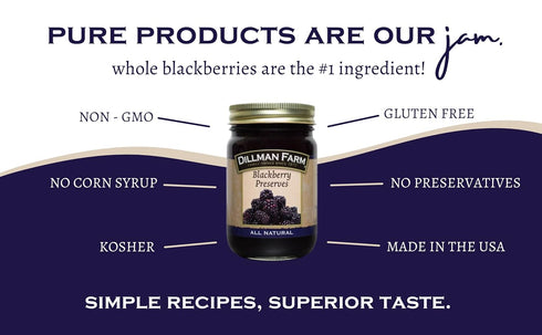 16oz (Pack 6) Dillman Farm All Natural Blackberry Preserves - Gluten-free, Non-GMO, Vegan, Kosher, Preservative Free