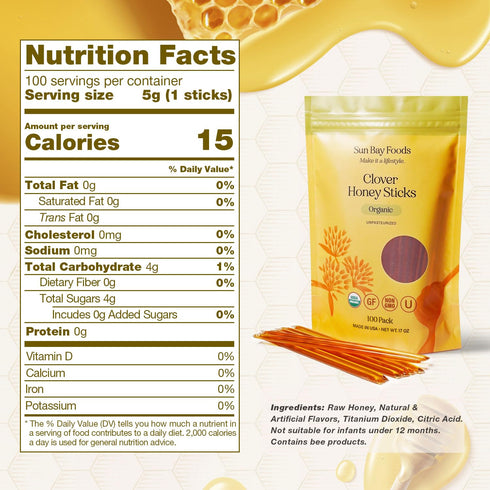 Sun Bay Foods 100% (100 Count)) Sunbay Foods Honey Sticks, Organic Clover Raw Honey Straws, Pure Natural Sweetener