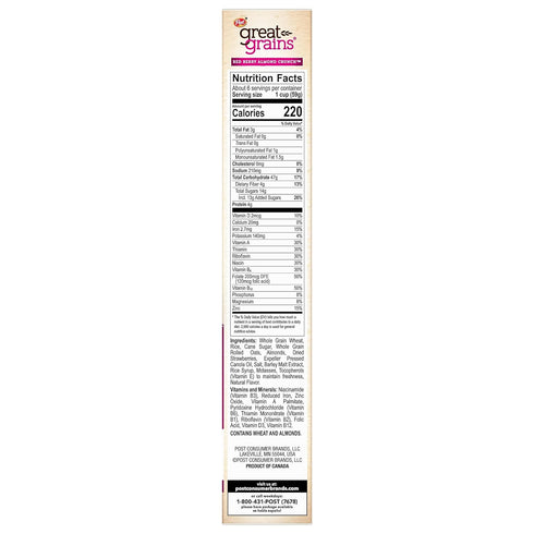 Great Grains 13 OZ (Pack 3) Red Berry Almond Crunch Cereal, Strawberry Cereal with Granola Clusters and Sliced Almonds