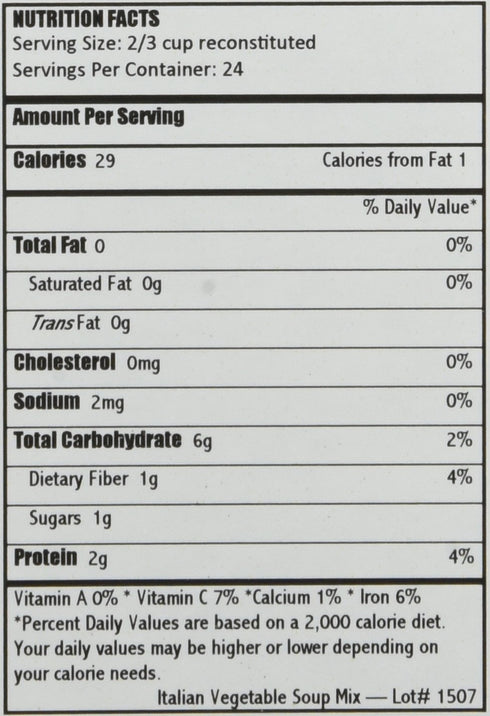 (12.5 oz. Harmony House Italian Vegetable Soup Mix Gluten Free, Low Sodium, For Cooking, Camping, Emergency Supply