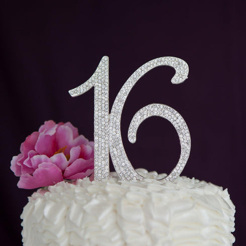 Celebration 16 Cake Topper for 16th Birthday Sweet 16 Party Supplies Decoration Ideas - Silver Rhinestone Number