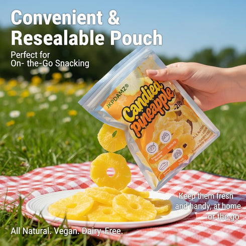 JKPDAMZ 2 Pounds Candied Pineapple Rings, Dried Pineapple Slices, Sweet and Sour, All Natural Vegan Dairy Free