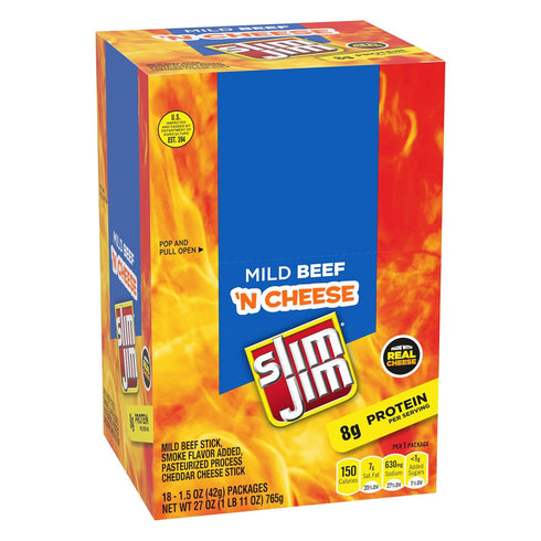8g 1.5 oz. (18 Count) Slim Jim Beef 'N Cheese Smoked Meat Sticks, Mild Flavor, Protein Per Serving