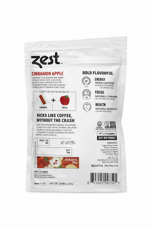 50 150mg Zest Energy Tea - Cinnamon Apple Spice High Caffeine Black Tea Loose Leaf Blend - Caffeinated Coffee