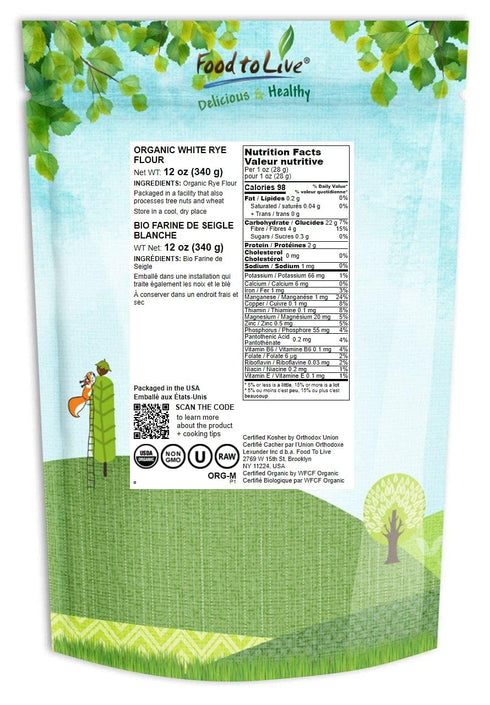 12 Food to Live Organic White Rye Flour, Ounces - Non-GMO, Unbleached, Light, Medium Protein, Vegan, Kosher, Finely