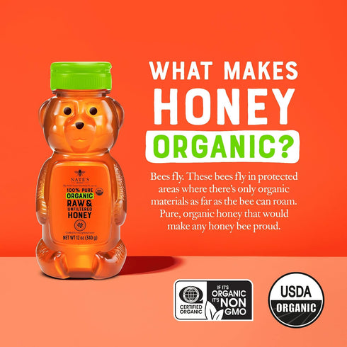 100% 12 oz Nate's Organic Pure, Raw & Unfiltered Honey - USDA Certified Organic - Squeeze Bottle