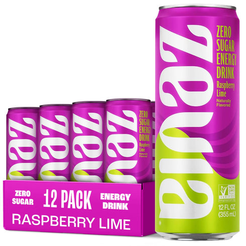 Zevia Zero Sugar Energy Drink, Raspberry Lime, 12 oz Cans (12-Pack) Naturally