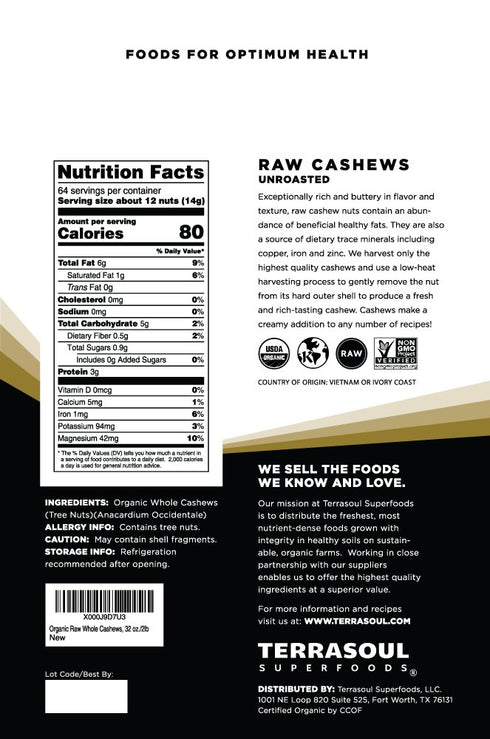 2 Lbs, Terrasoul Superfoods Organic Raw Cashews, Premium Quality for Snacking, Baking, and Culinary Creations