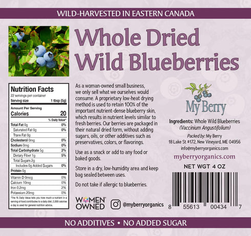 4oz 100% Whole Dried Wild Blueberries Unsweetened, by My Berry | | Wild Blueberries- No Added Sugar, Oils