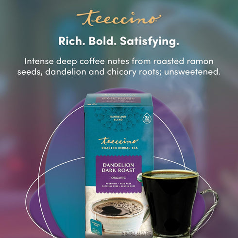Teeccino Dandelion Herbal Tea, Dark Roast, 25 Tea Bags, Caffeine Free, Prebiotic