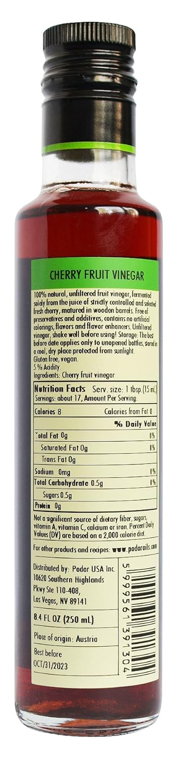8.4 Oz. 100% PDR Premium Cherry Vinegar - fl. - Natural, Aged in Oak Barrels, Fermented, Unfiltered, Vegan