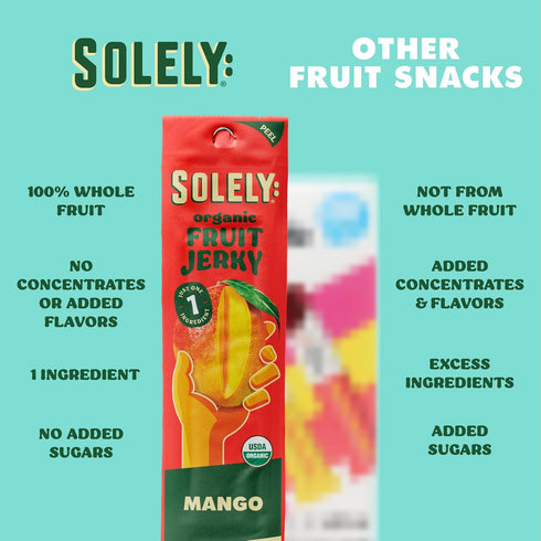 5 0.8oz (23g) Solely - Organic Mango Fruit Jerky - Individually Wrapped Fruit Strips - Fruit Leather Made from Dried