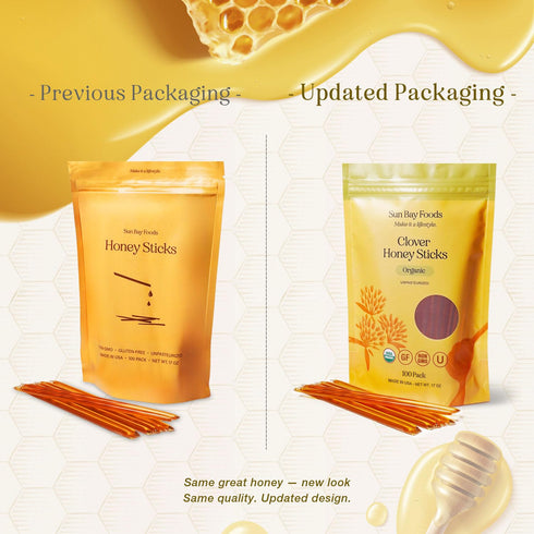 Sun Bay Foods 100% (100 Count)) Sunbay Foods Honey Sticks, Organic Clover Raw Honey Straws, Pure Natural Sweetener