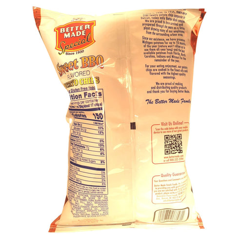 8.5-ounce Better Made Family Size Sweet BBQ flavored potato chips bag
