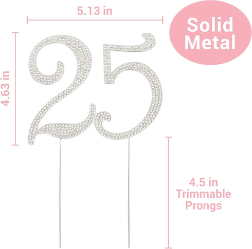 25 Cake Topper - Premium Silver Metal - 25th Birthday or Anniversary Party Sparkly Rhinestone Decoration in Box