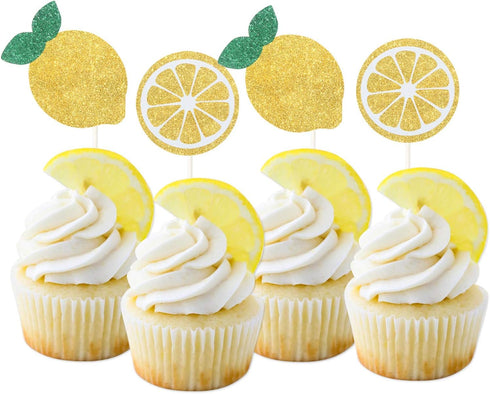 Oskal 24Pcs Glitter Lemon Cupcake Toppers, Fruits Theme Party Decor, Summer Cupcake Toppers
