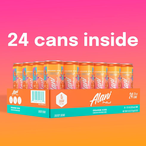 200mg 10 12 Oz 24 Pack Alani Nu ORANGE KISS, Sugar Free, Low Calorie Energy Drinks, Caffeine, Biotin, B Vitamins, Zero