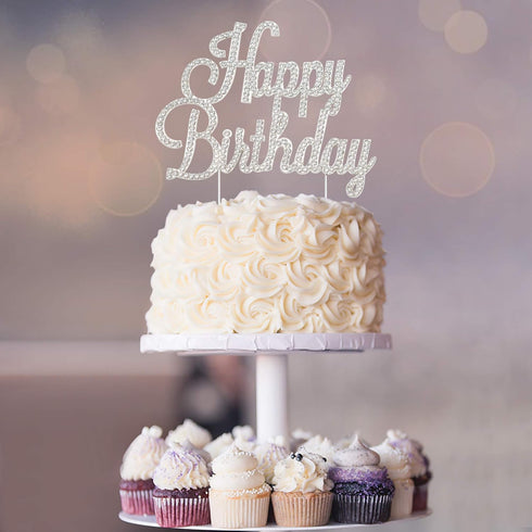 Happy Birthday Cake Topper - Premium Silver Metal, Sparkly Rhinestone Decoration for Party Centerpiece, Now Protected