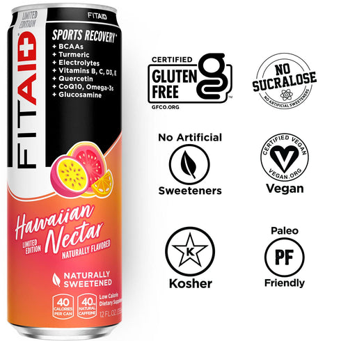 40 12 Oz (Pack 12) Packaging FITAID Post Workout Recovery Drink Hawaiian Nectar Passion Fruit Orange & Guava BCAA