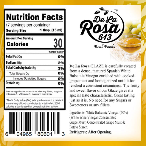8.45 Oz (Pack 1) De La Rosa White Balsamic Glaze, Kosher for Passover, Vegan, Non-GMO & Gluten Free, Great for Salad